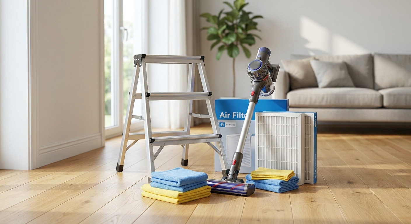 Heat pump cleaning and maintenance tools on a living room floor