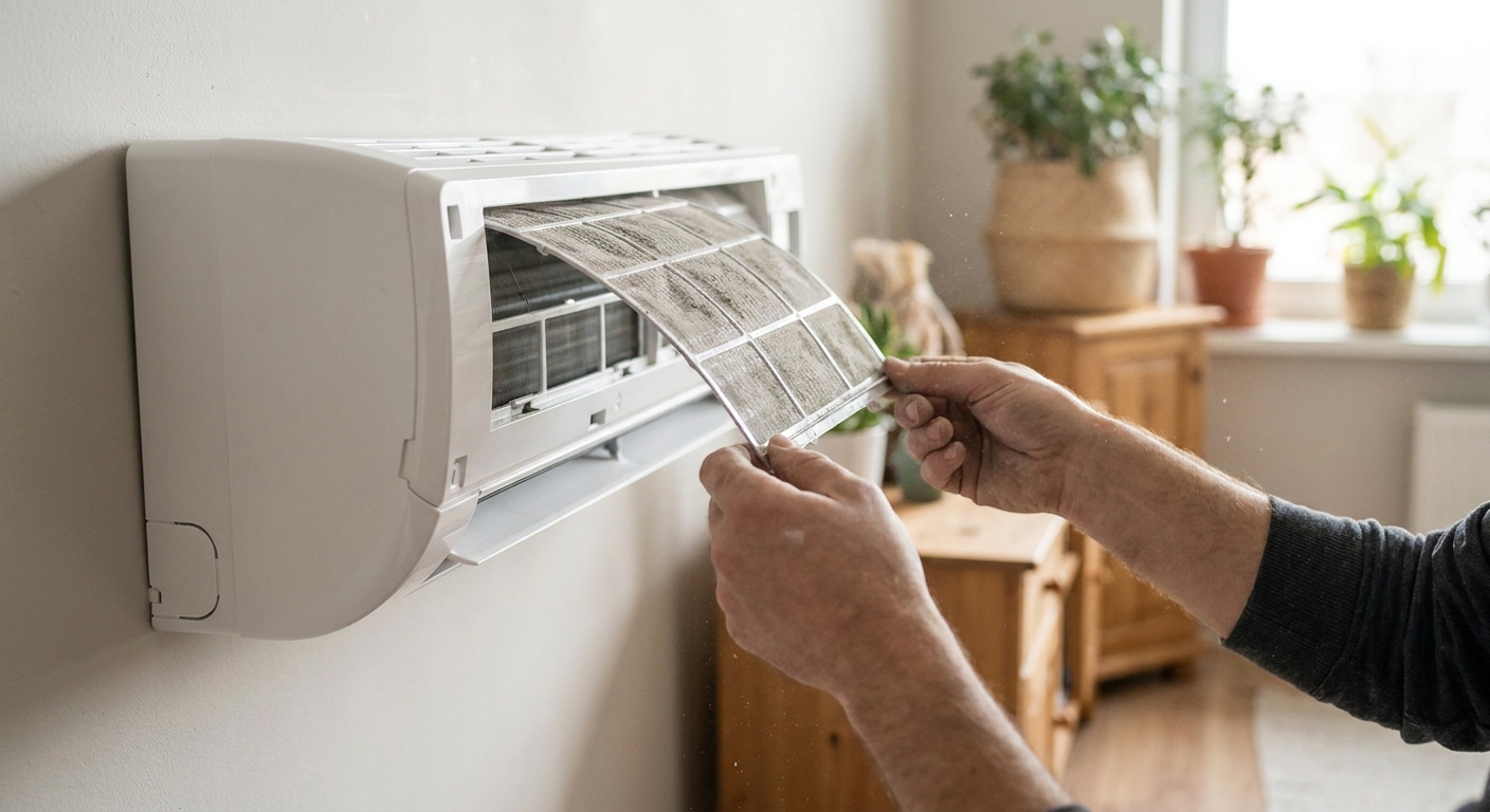 Removing a dirty filter from a mini-split heat pump