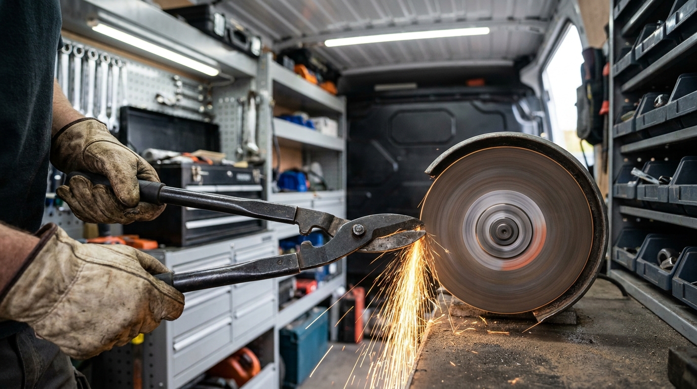 A close-up of garden shears being professionally sharpened on a grinding wheel inside a van.