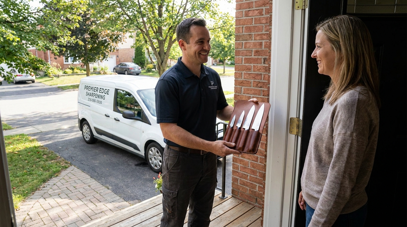A mobile sharpening service owner returning sharpened knives to a happy residential customer.