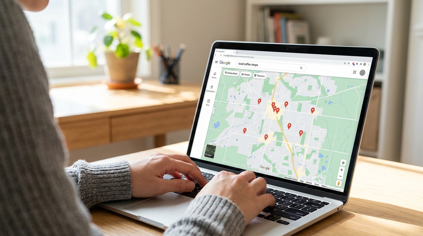 A person researching local coffee shops on a laptop using Google Maps.