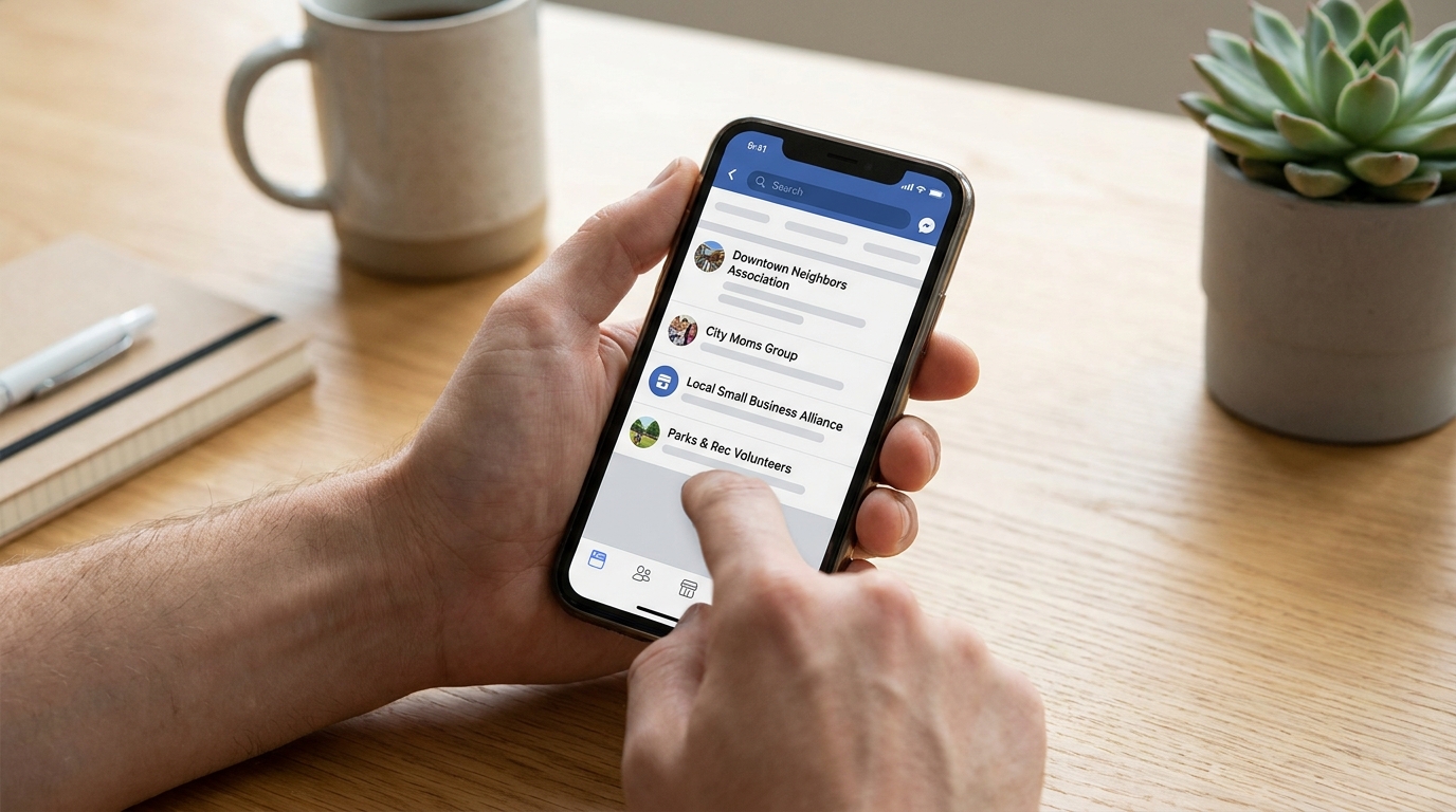 Searching for local community groups on Facebook on a smartphone.