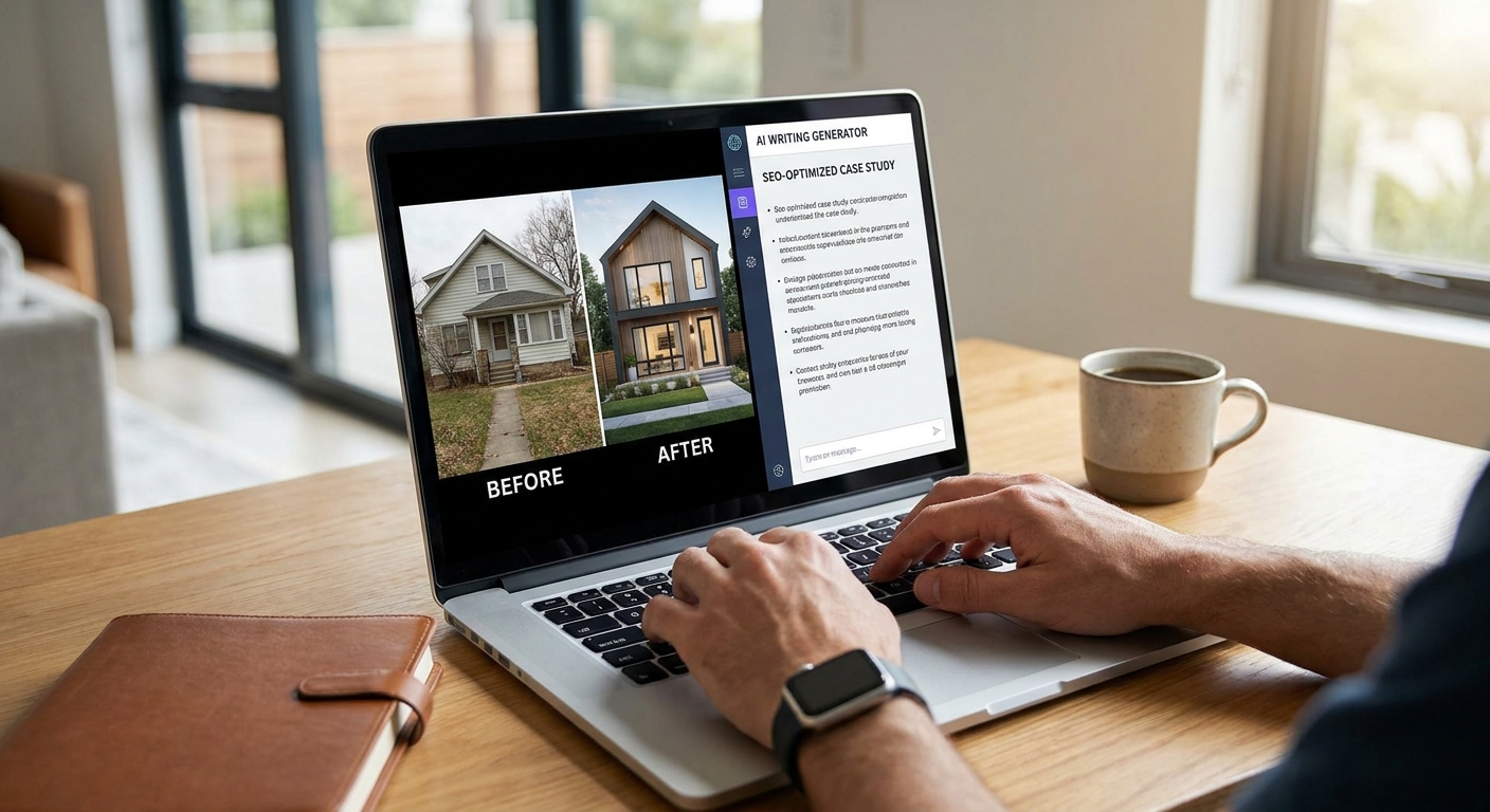 Using a laptop and AI tools to write SEO case studies for trade businesses.