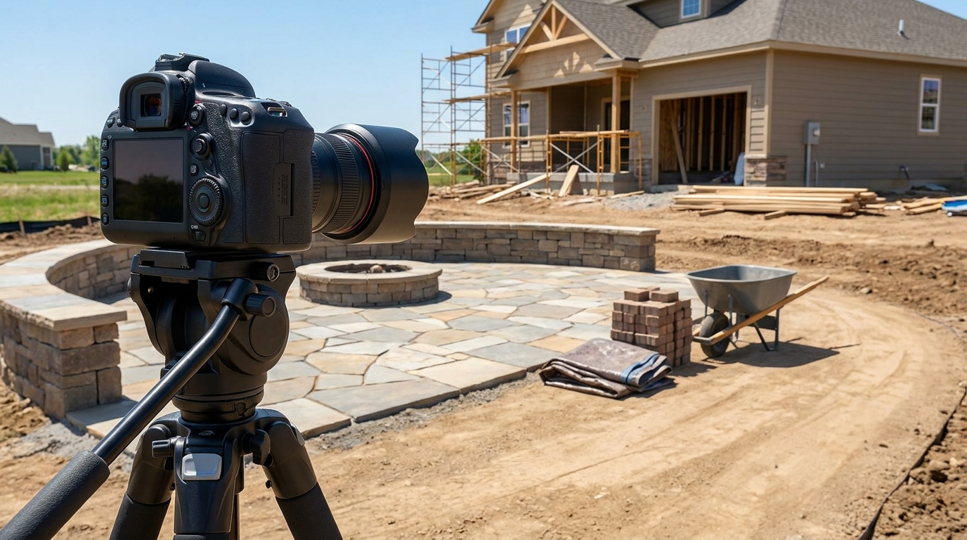 Professional camera and tripod set up on a newly finished patio.