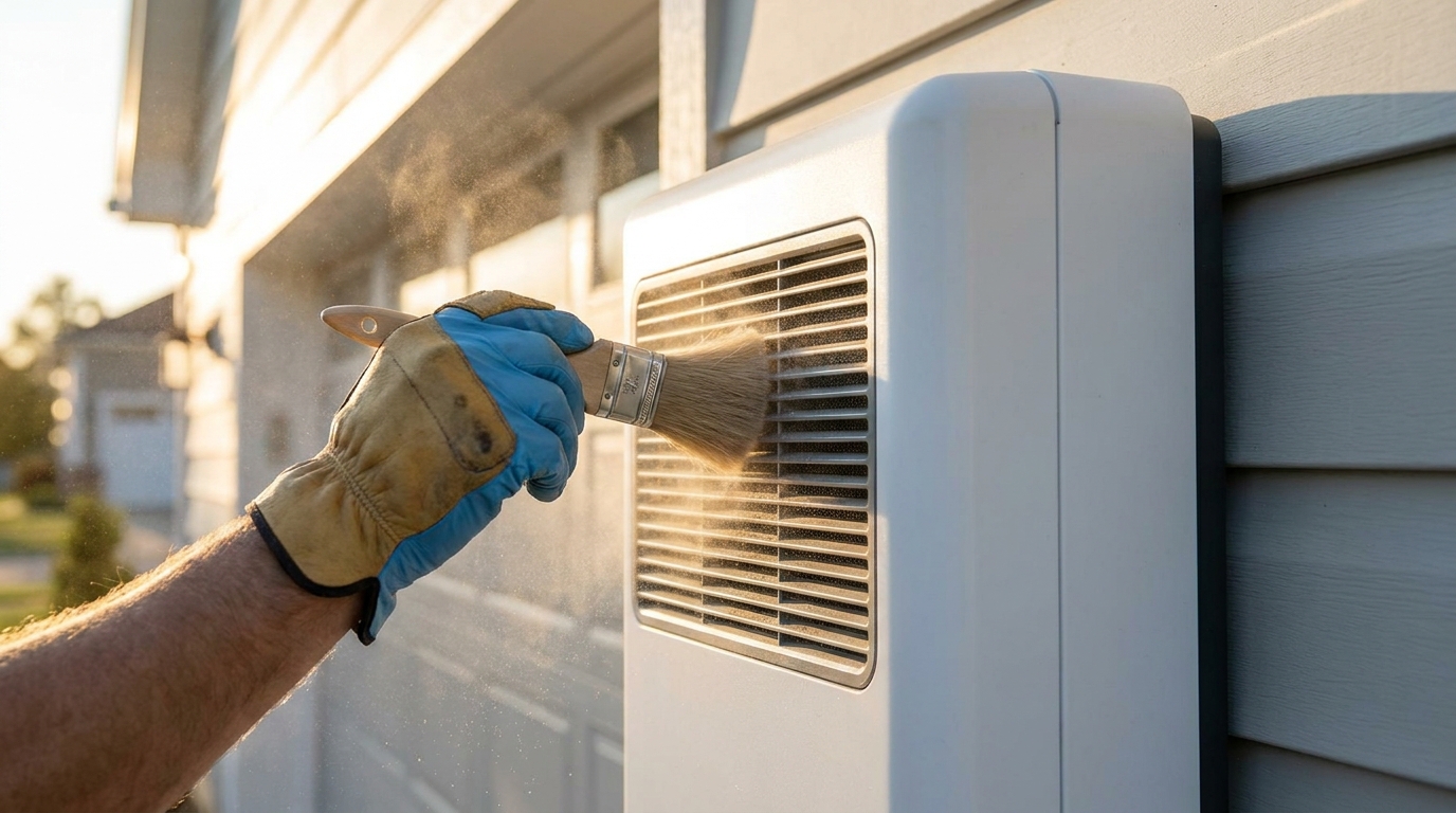 A gloved hand cleaning dust from a home battery enclosure vent.