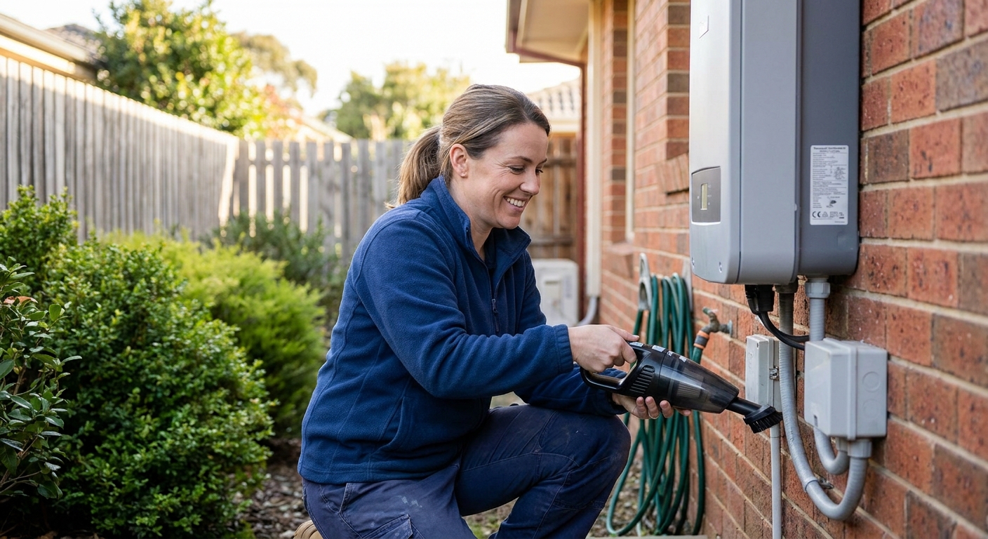 Business owner inspecting a solar inverter and wiring for cleanliness.