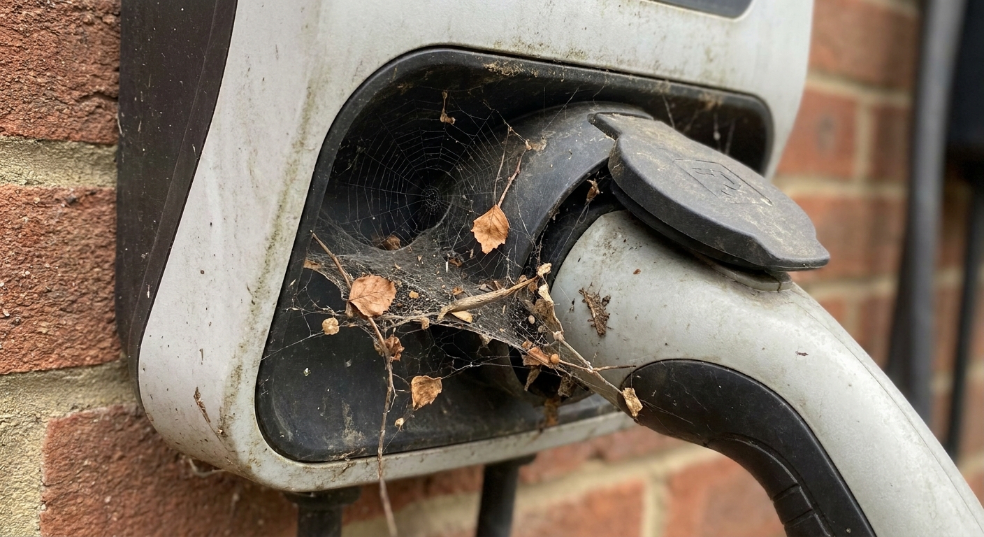 Spiderwebs and leaves inside an outdoor EV charging station.