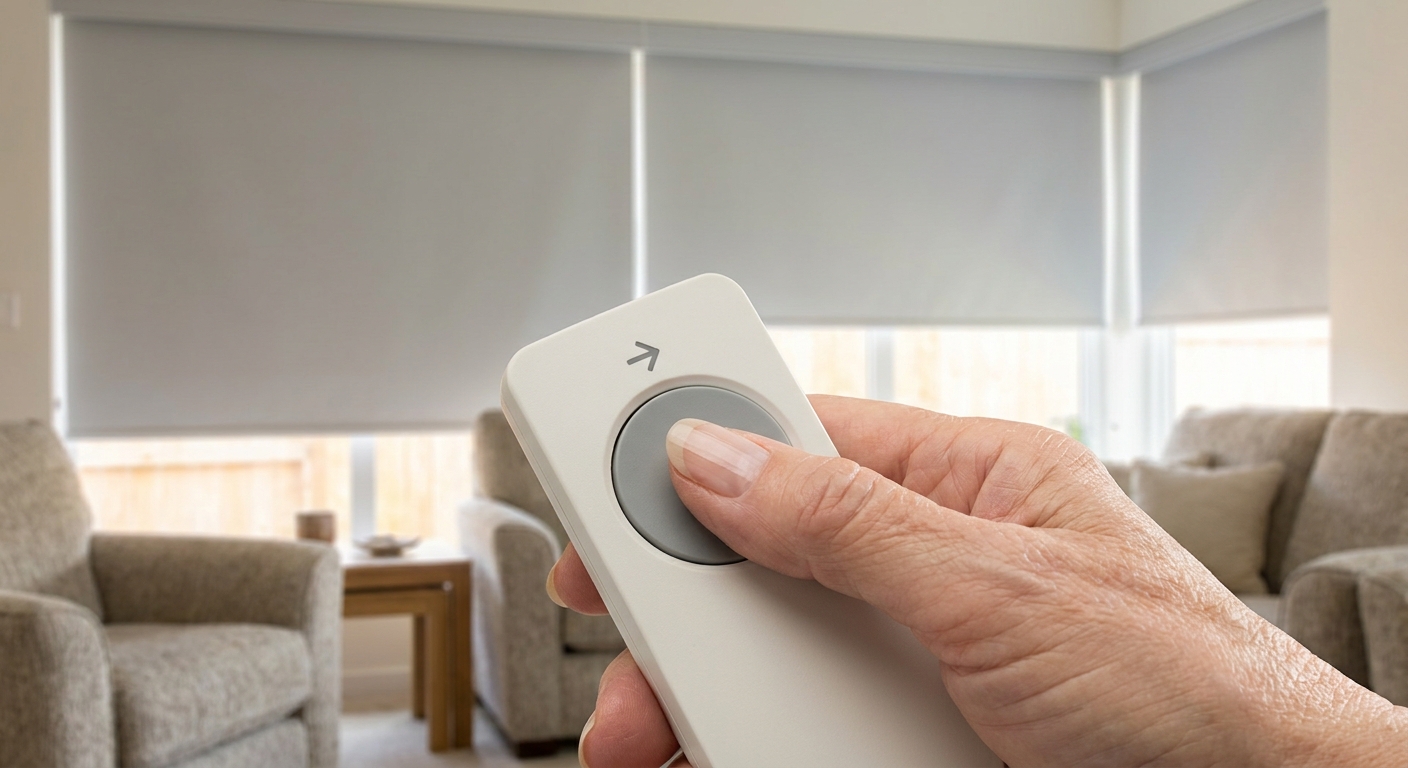 Elderly hand using a large-button remote to operate automated window blinds.