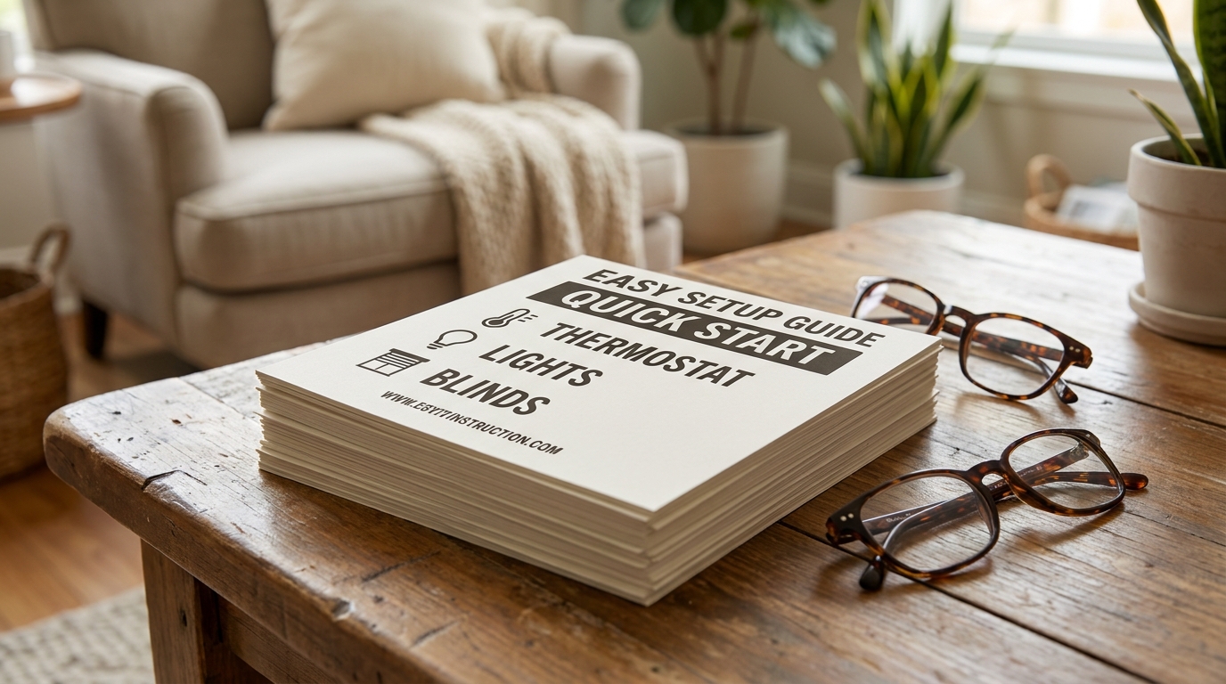 Stack of large-print, easy-to-read instruction cards for smart home devices.