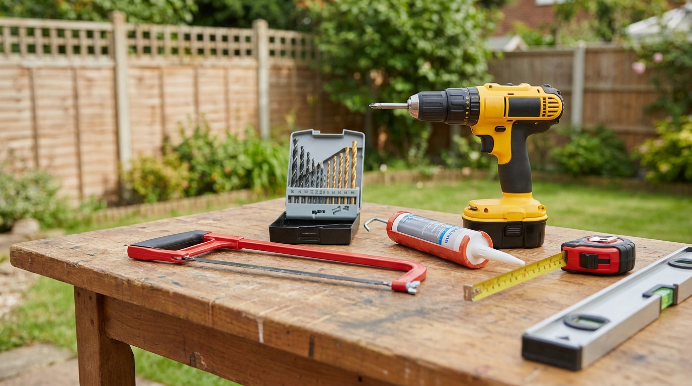 Essential tools laid out for installing rainwater barrels.