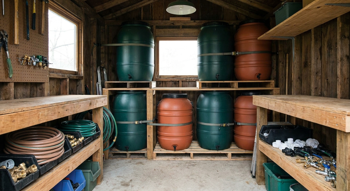 A garage neatly storing various rainwater barrels and installation supplies.