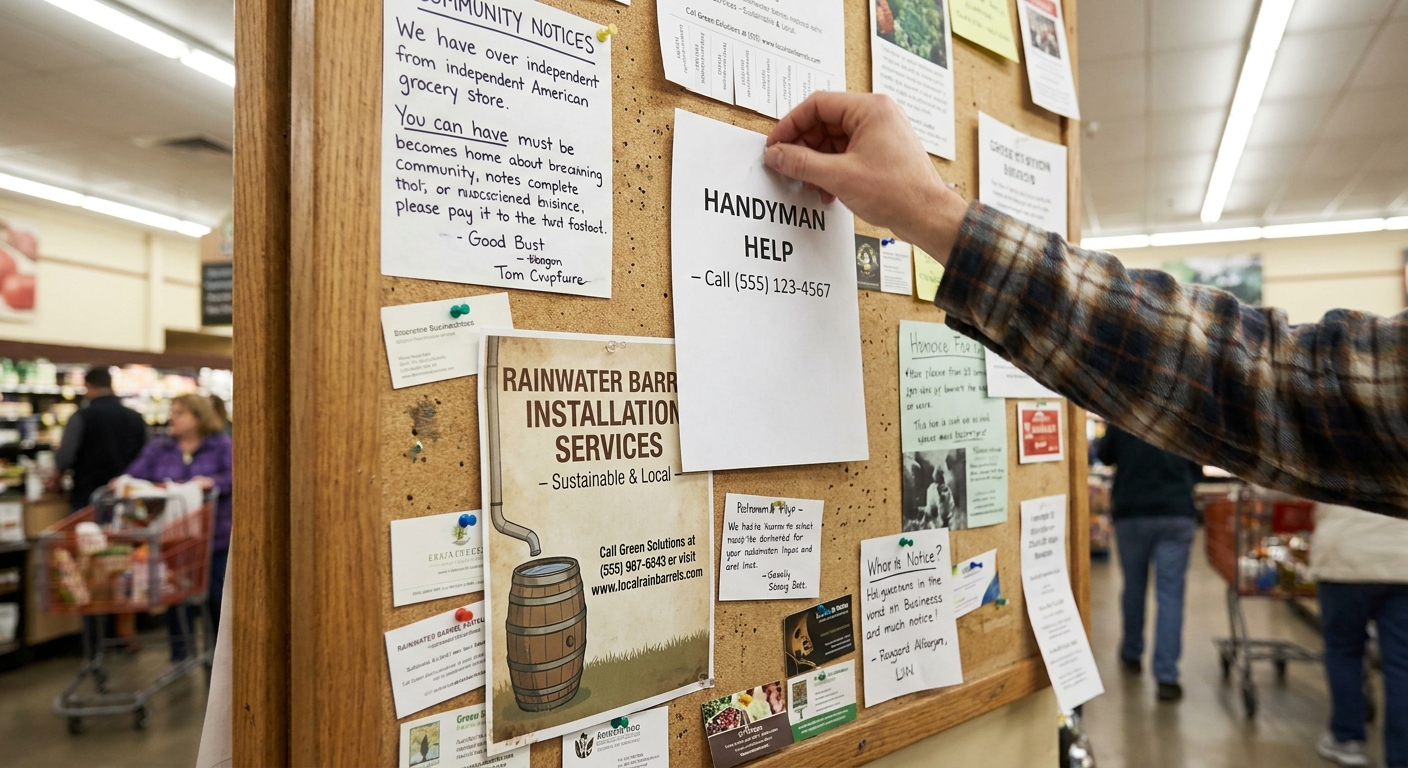 A flyer for rainwater barrel installation services on a community bulletin board.