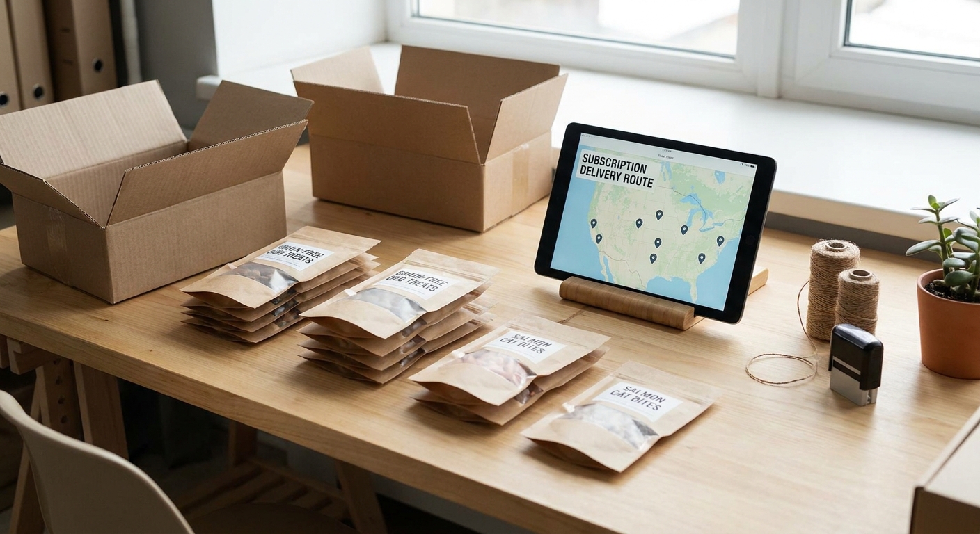 Packaged allergy-friendly pet treats ready for local delivery, with a tablet showing a delivery route.