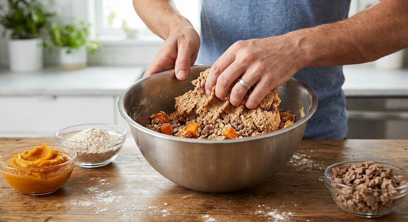 Hands mixing dough for allergy-friendly pet treats with natural ingredients.