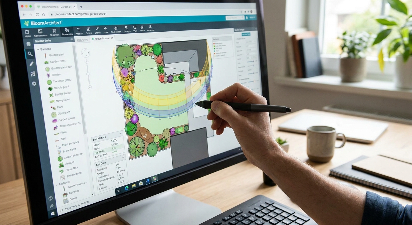 A digital garden planning software interface showing a detailed backyard layout with planting zones and environmental d…