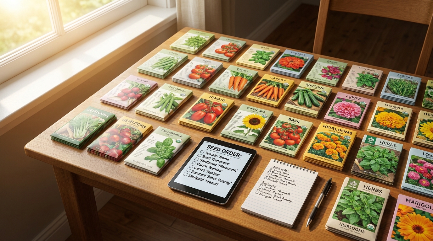 Various seed packets and a tablet displaying a customized digital seed purchasing list for a home garden.