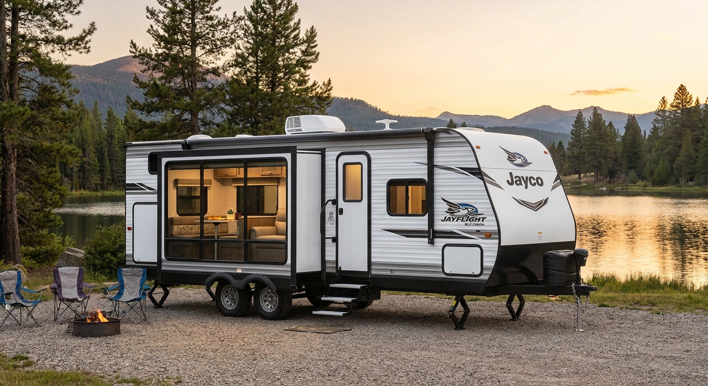 A modern 2025 Jayco Jayflight SLX 260BH travel trailer from Fort Wayne RV Rentals, showcasing its sleek design and spac…