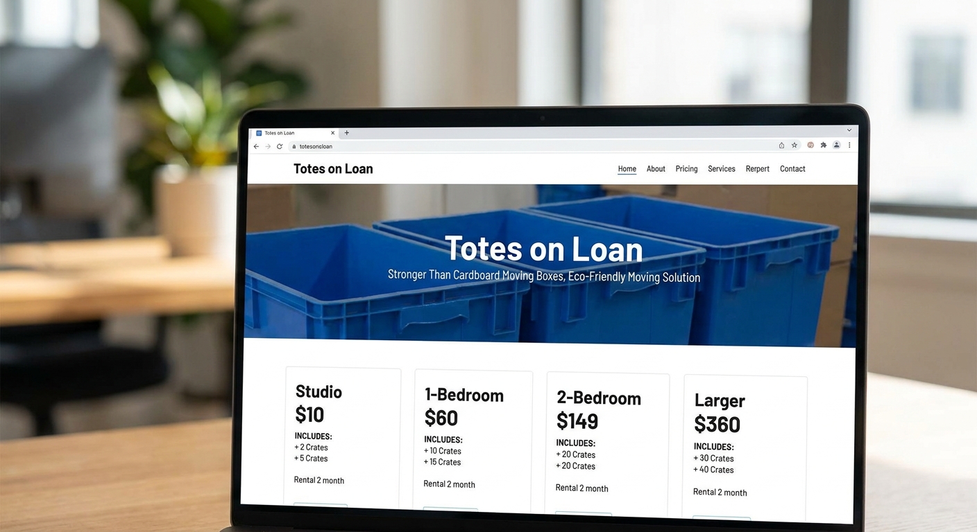 Screenshot of the 'Totes on Loan' website displaying moving box rental pricing for Fort Wayne, Indiana.