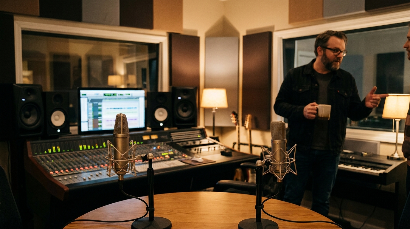 A fully equipped professional podcast and recording studio, with acoustic panels and high-end audio gear, available for…