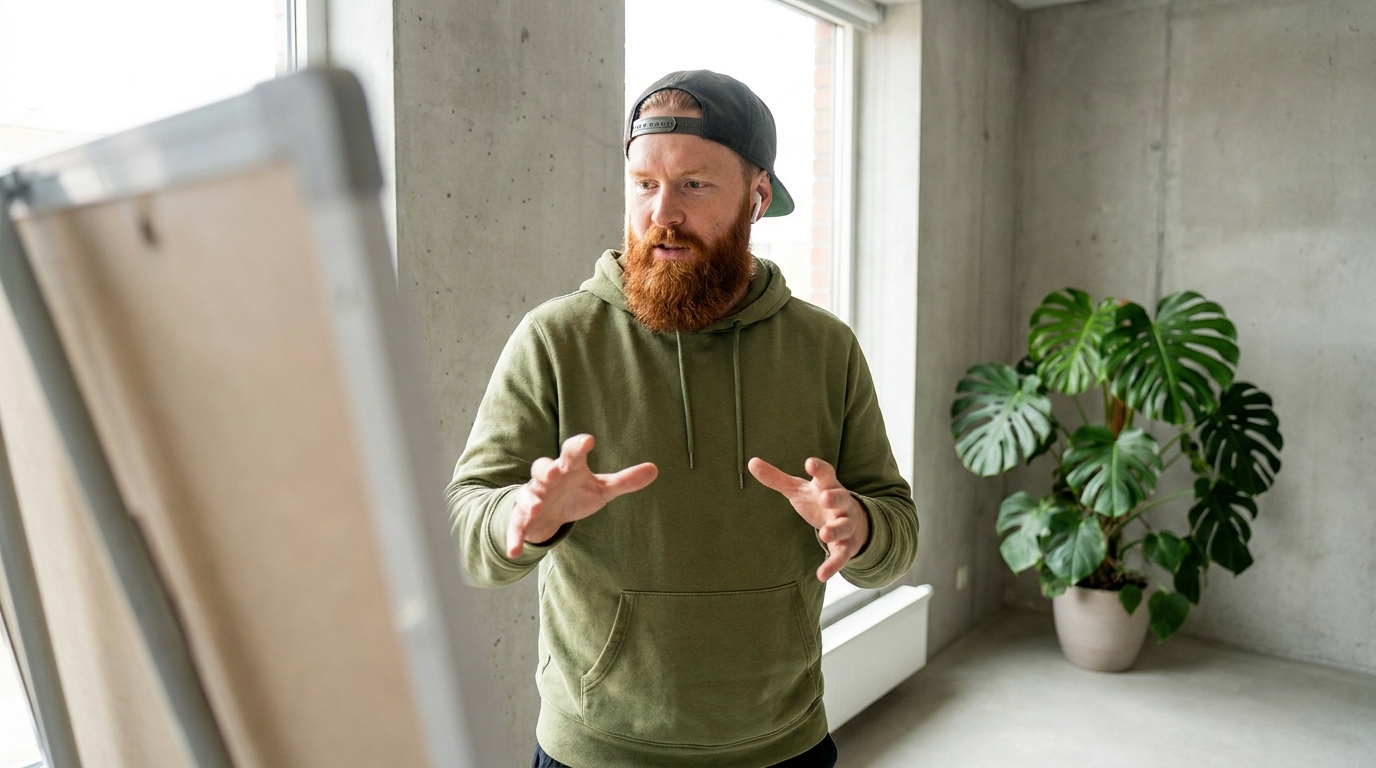 Sam Thompson making a determined declaration with wide gestures about launching his business.