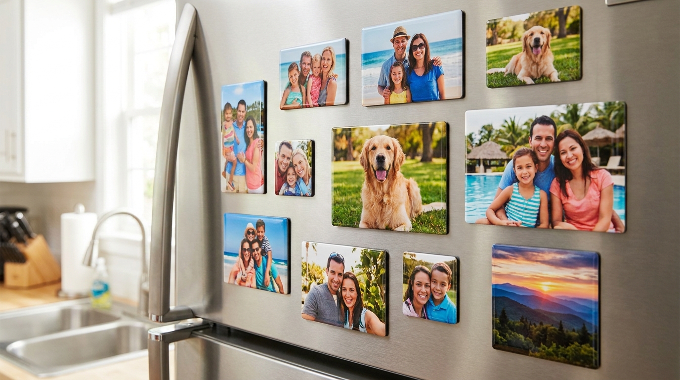 Close-up of custom photo magnets on a refrigerator