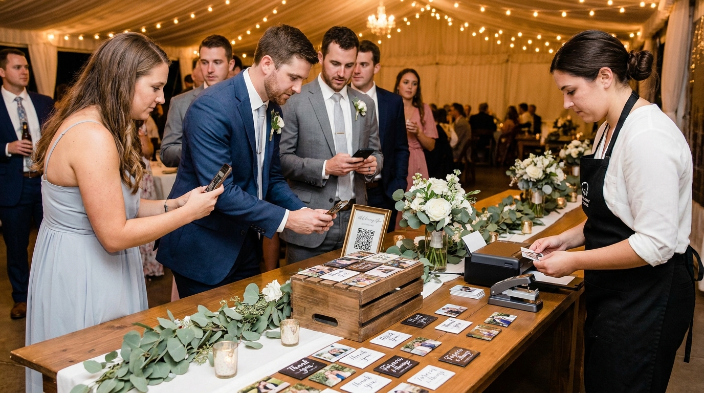 Wedding reception with a live custom photo magnet booth