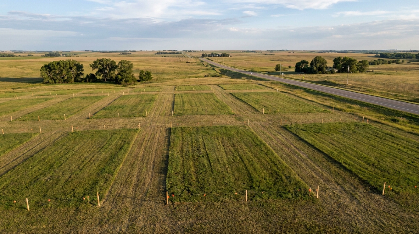 An aerial view of a large property subdivided into smaller parcels for sale