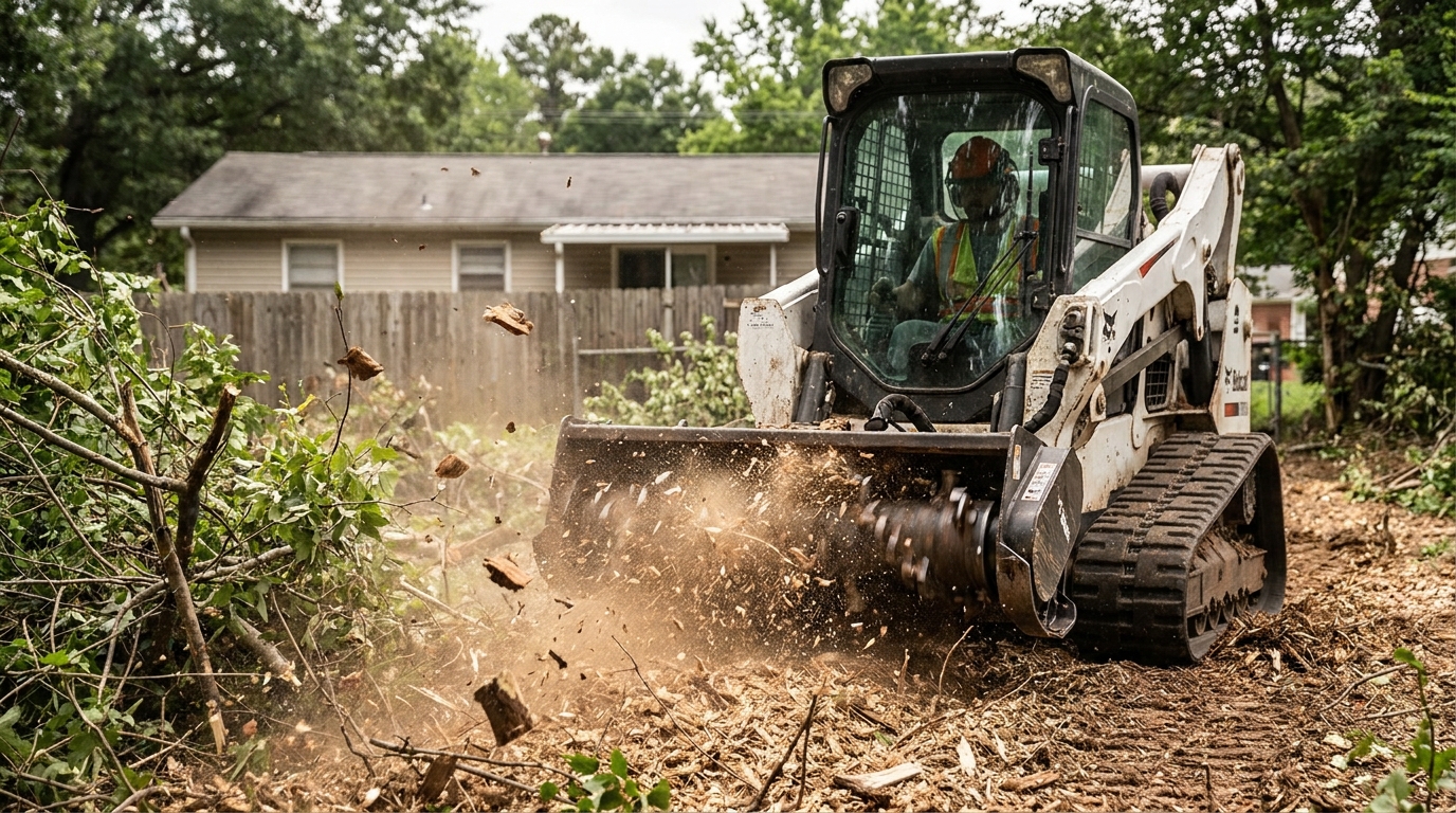 Bobcat skid steer with forestry mulcher clearing dense brush on a property.
