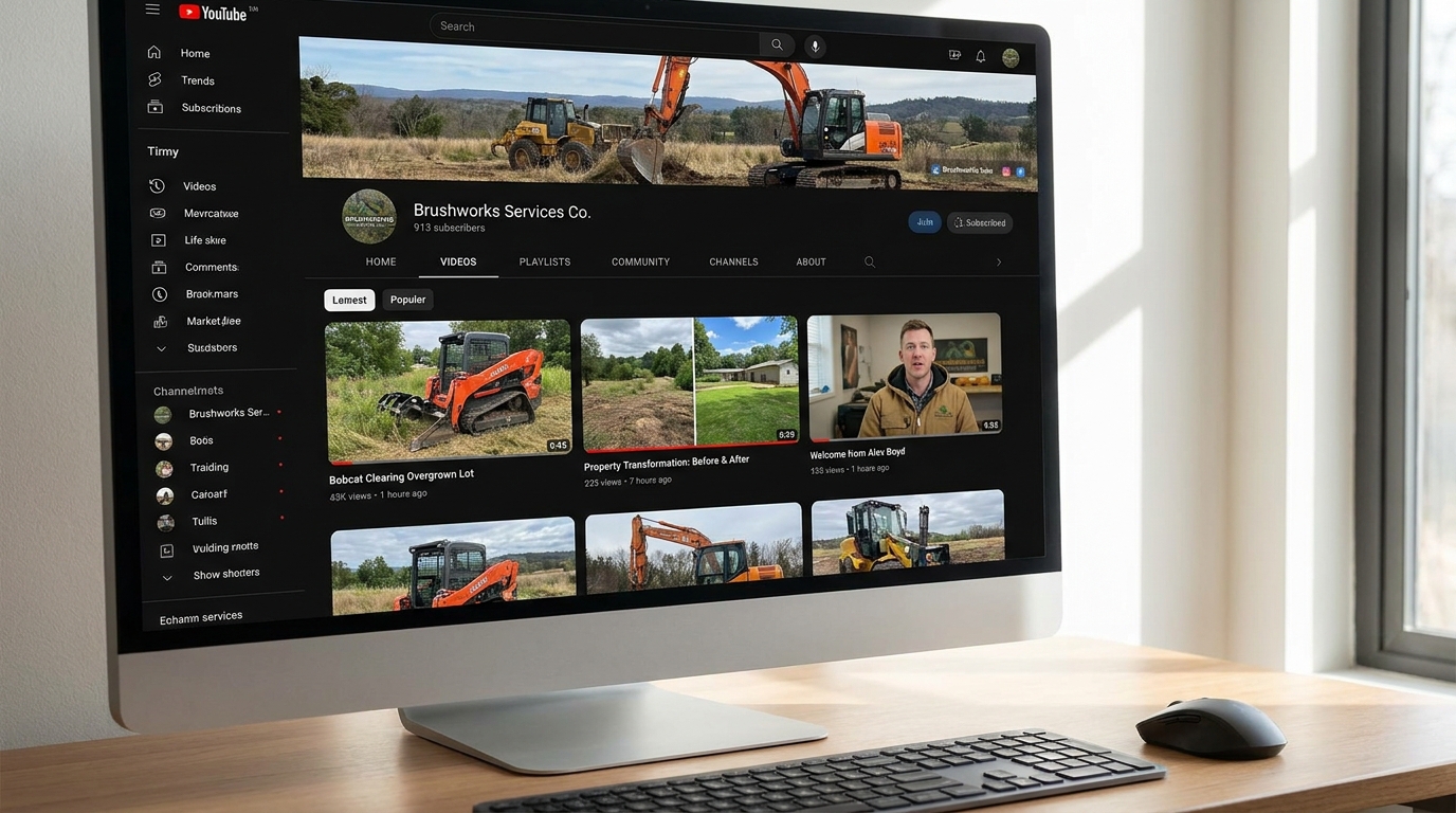Screenshot of Brushworks Services Co. YouTube channel showcasing land clearing videos.