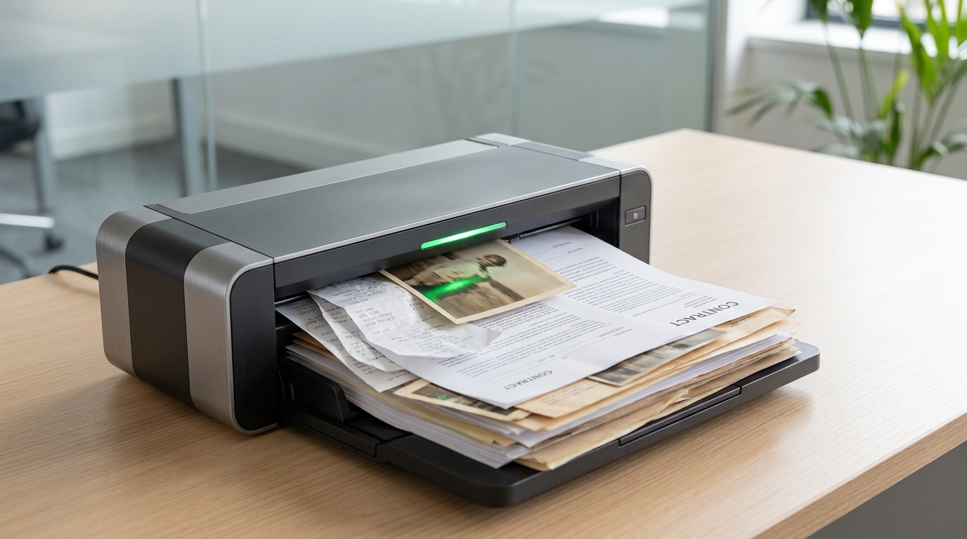 High-speed document scanner digitizing a stack of financial receipts and legal documents.