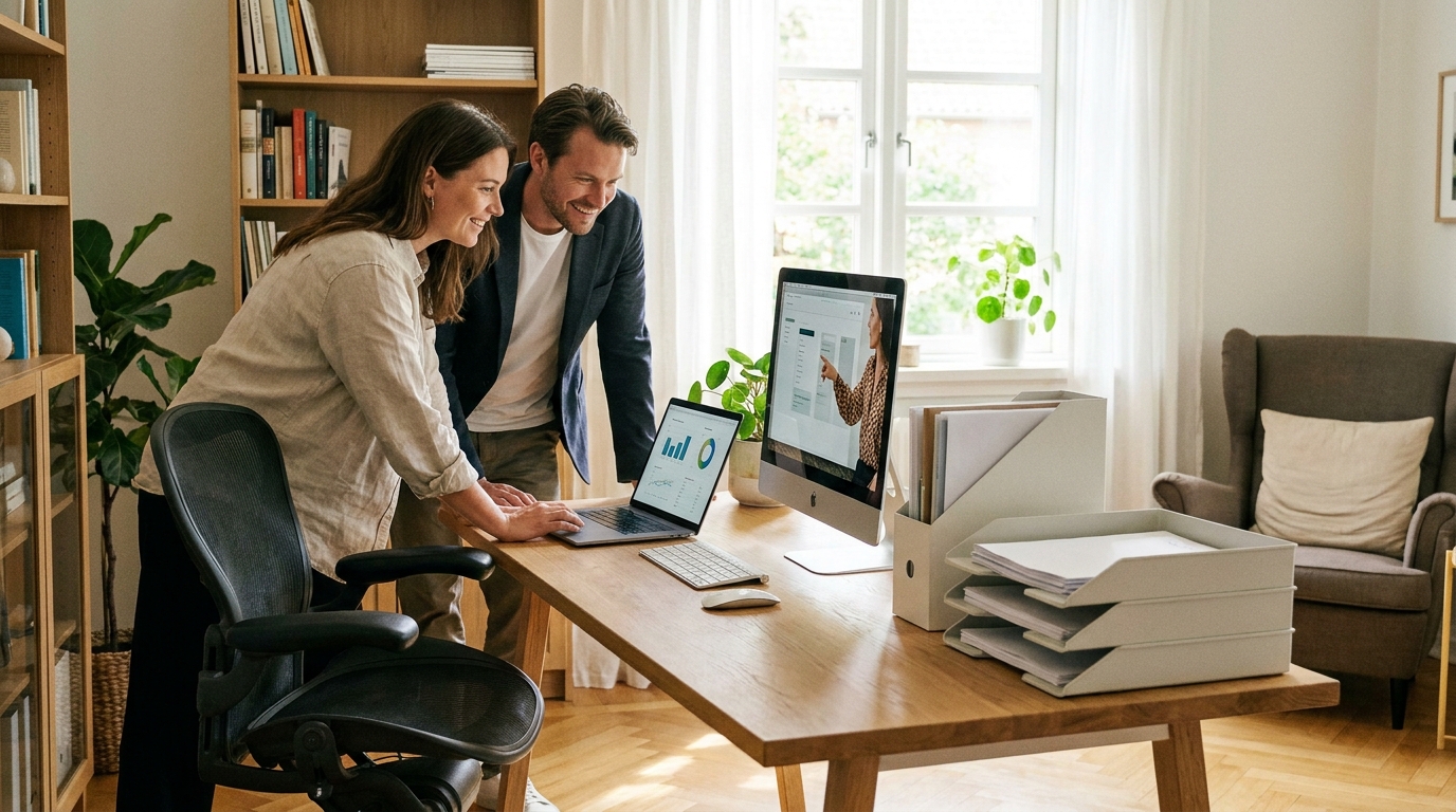 Digital document organizer consulting with a client in a home office setting, reviewing digitization needs.