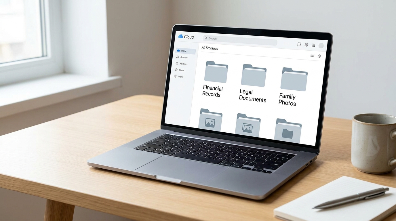 Laptop screen displaying a secure, organized cloud storage system for digital documents.