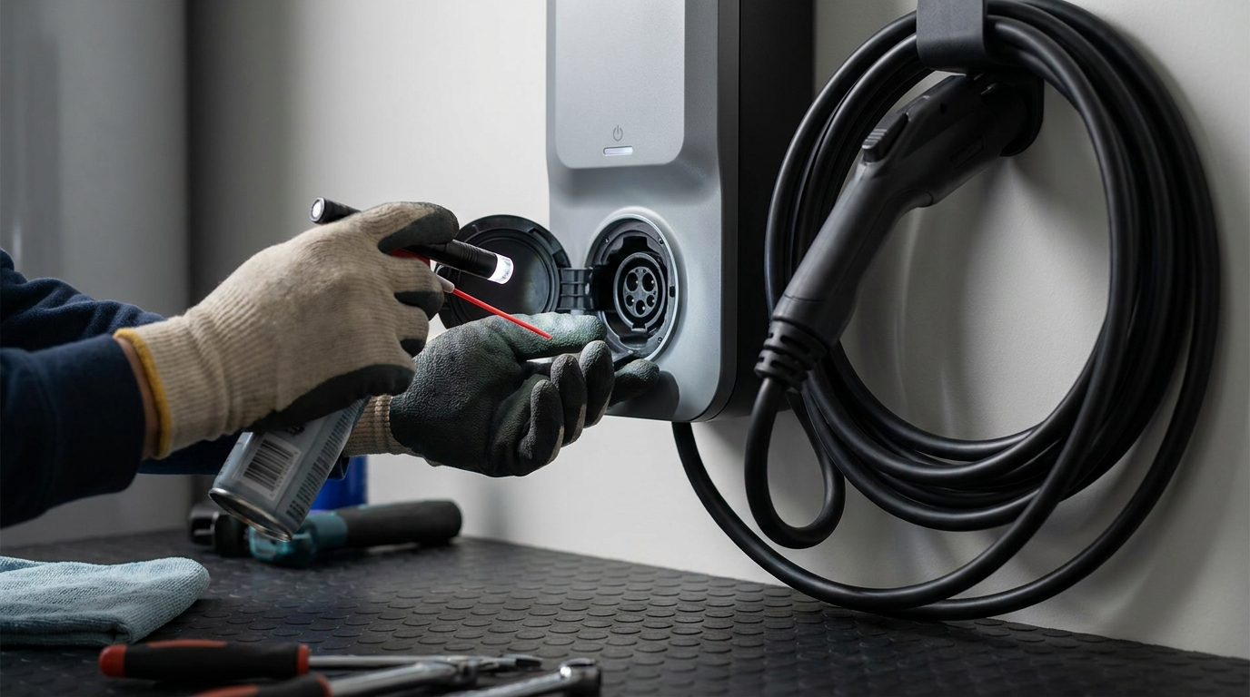Close-up of a hand inspecting an EV charging cable and port for wear and tear.