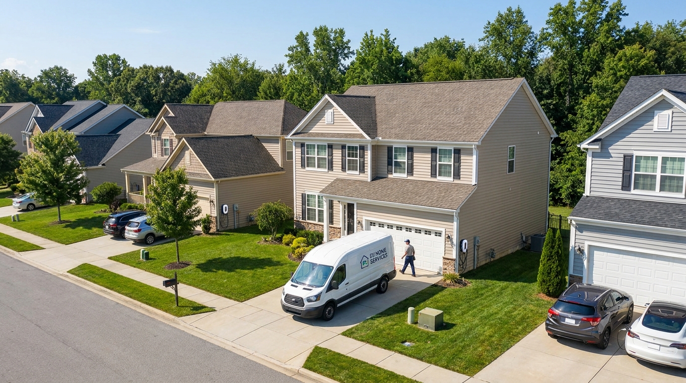 Suburban street with multiple homes showing EV chargers and a service van.