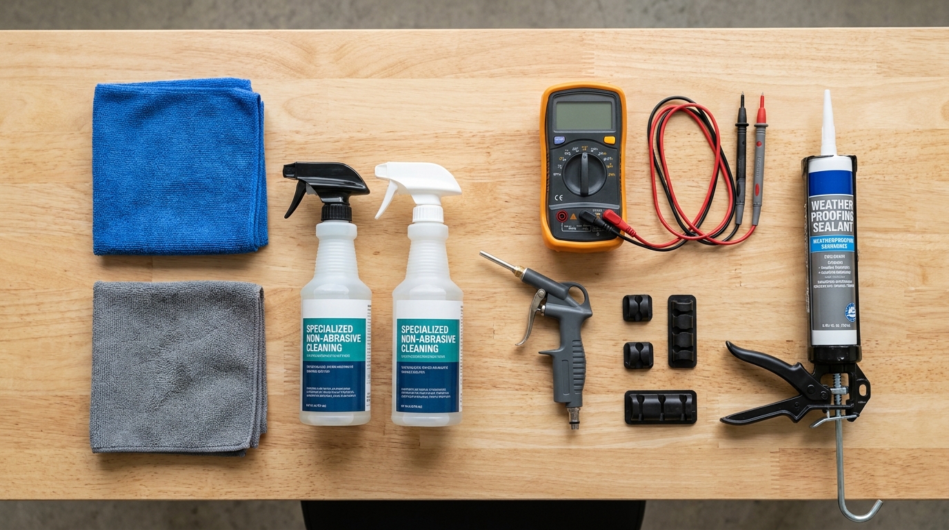 Arrangement of tools and supplies for maintaining home EV charging stations.