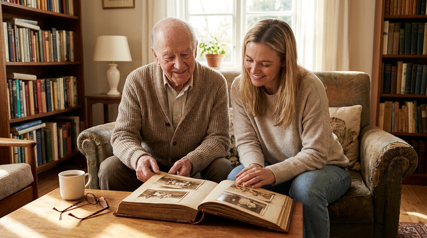 Elderly person sharing old photo album with family