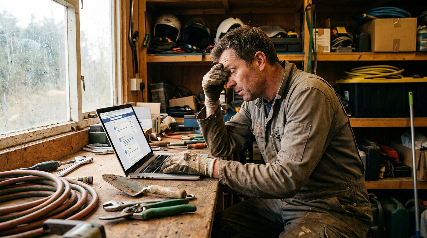 A busy plumber overwhelmed by managing online reviews on his laptop.