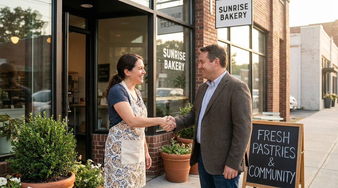 A local business owner shaking hands with their review management partner, symbolizing success.