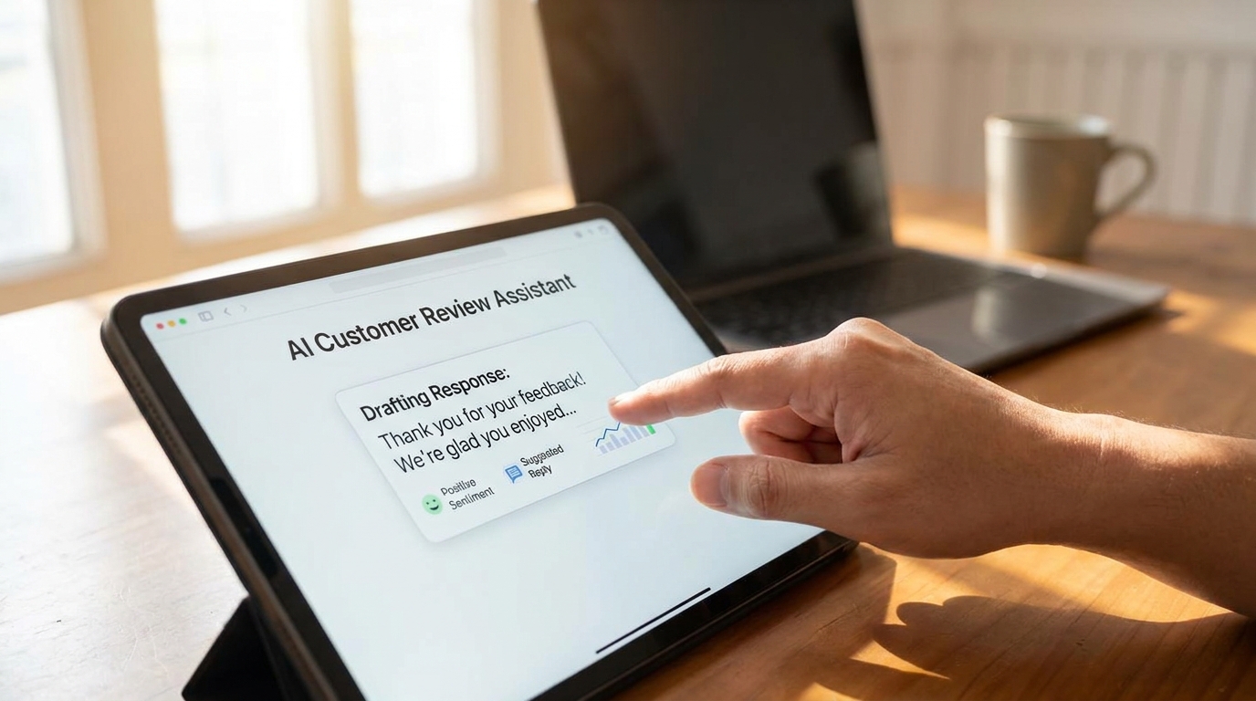AI-powered software interface on a tablet for drafting customer review responses.
