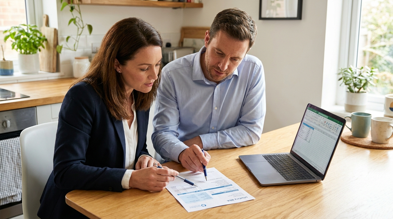 A home energy coach and a homeowner reviewing a utility bill and laptop data at a kitchen table.