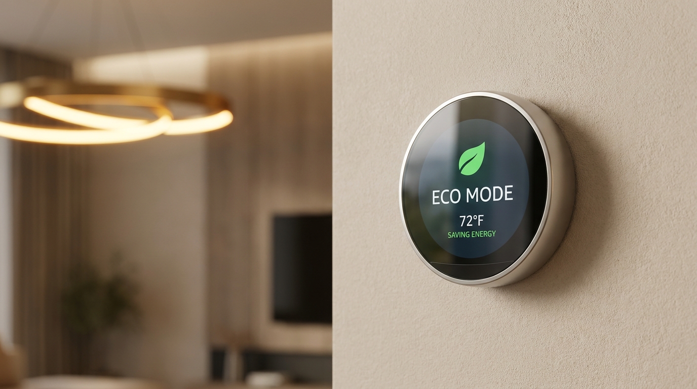 A smart thermostat displaying optimized energy-saving settings in a modern home.