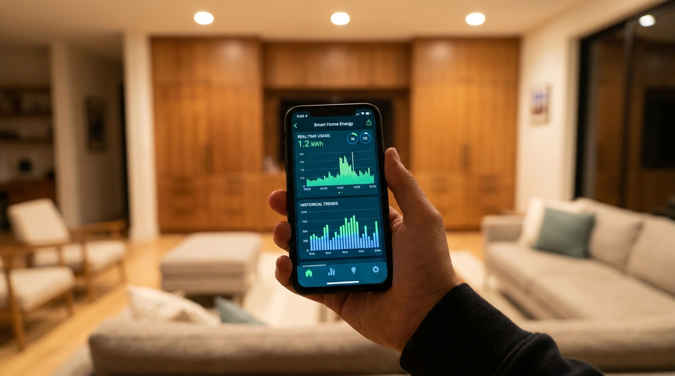 A hand holding a smartphone displaying an energy monitoring app with usage data.