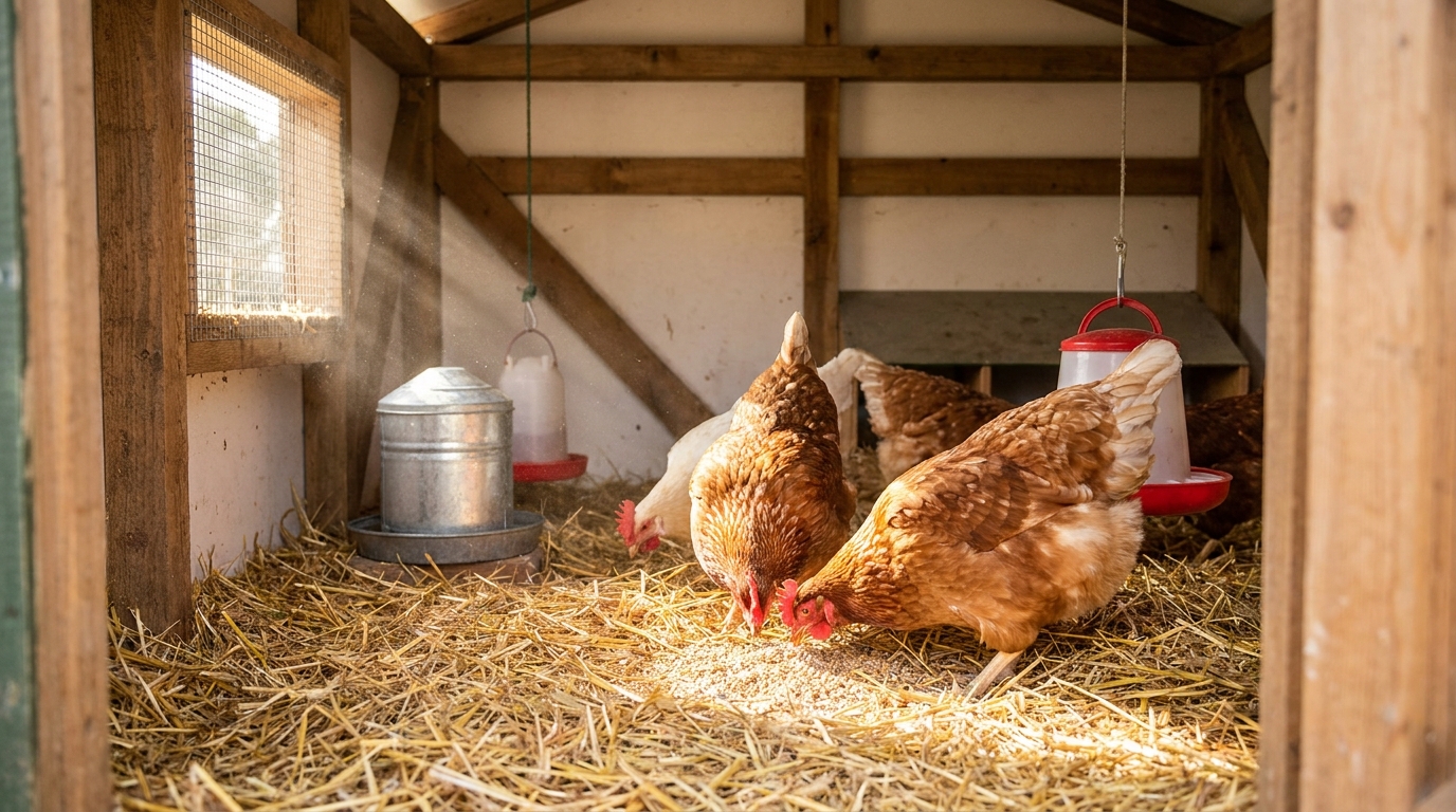 Interior of a clean chicken coop with fresh straw and chickens.