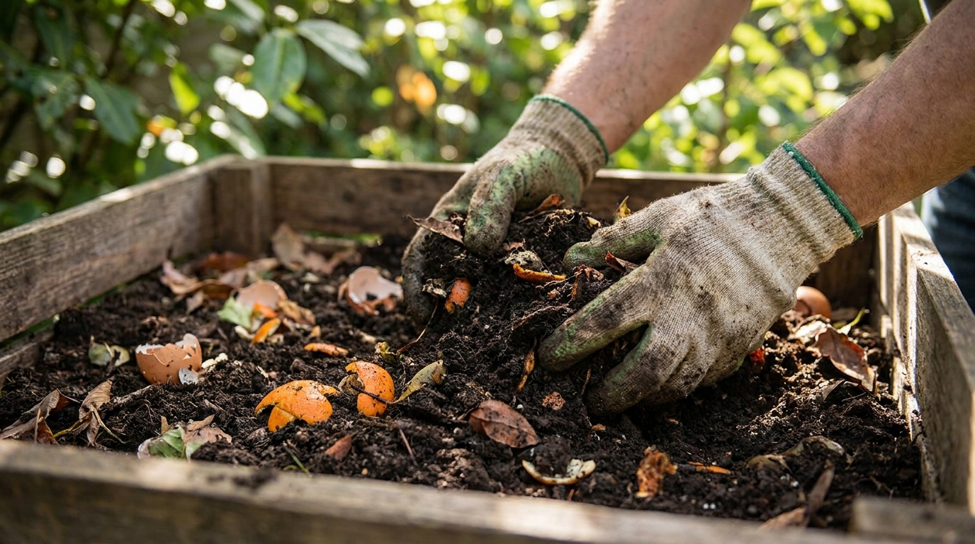 Hands with gardening gloves turning compost in a bin.
