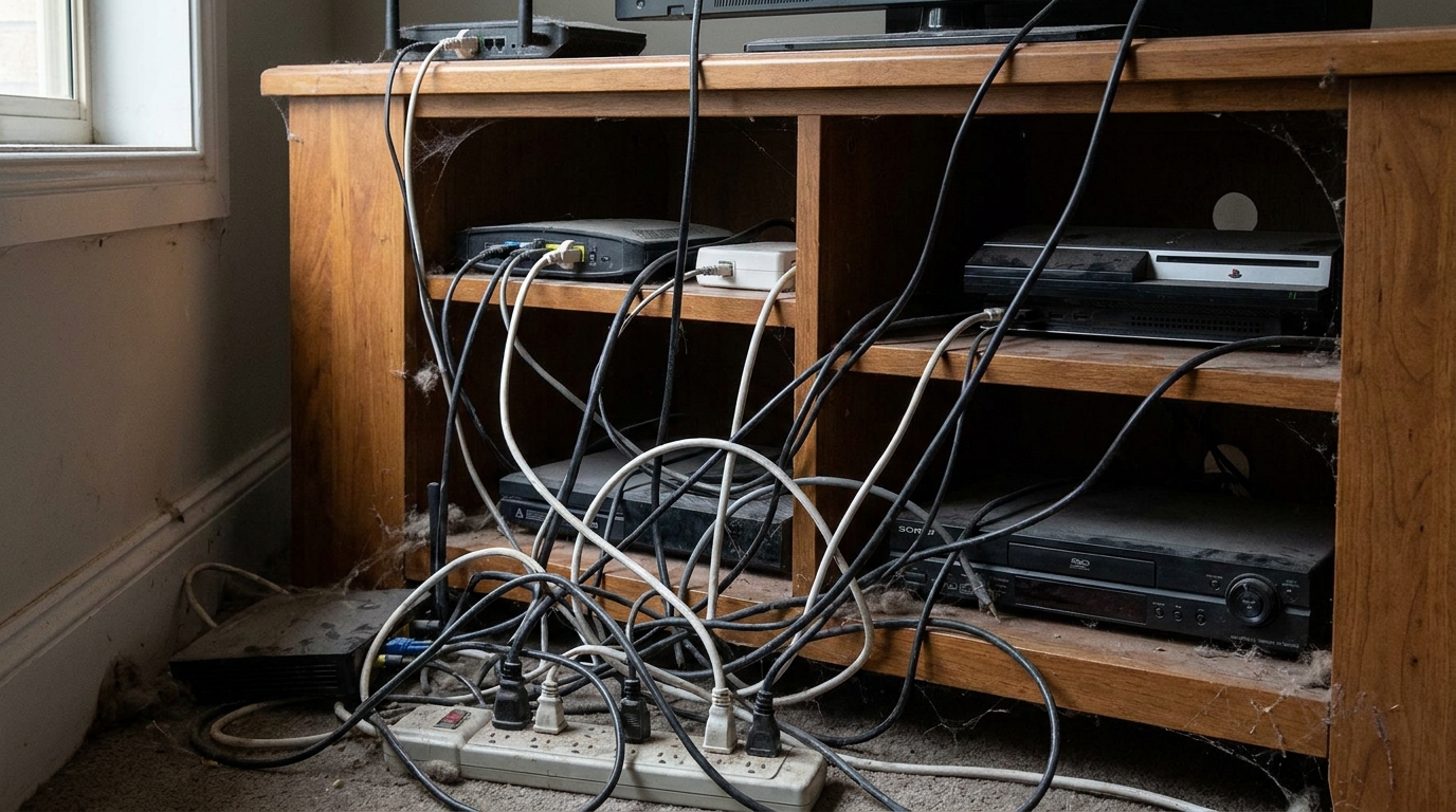 A chaotic tangle of cables and electronics behind a home entertainment system.