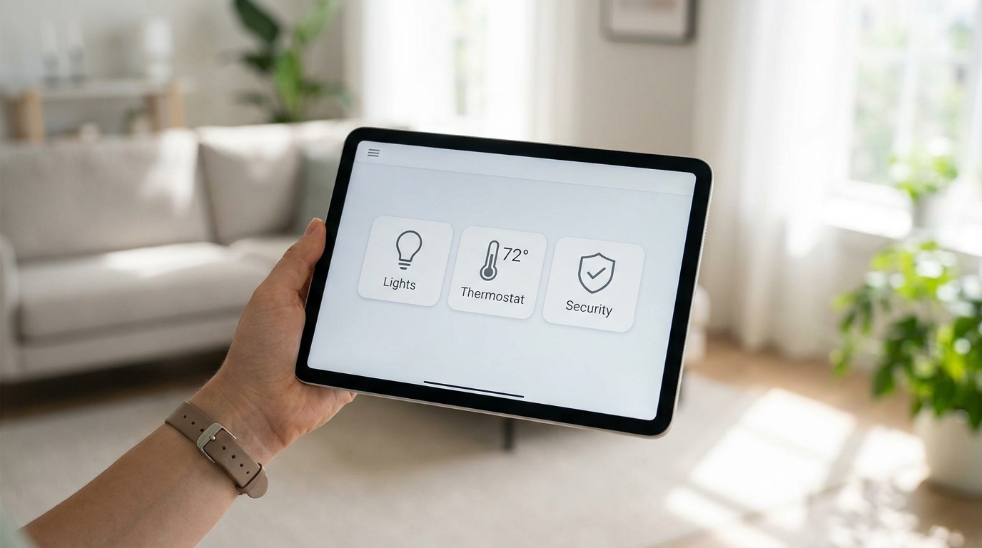 A tablet displaying a simple, organized smart home control interface.