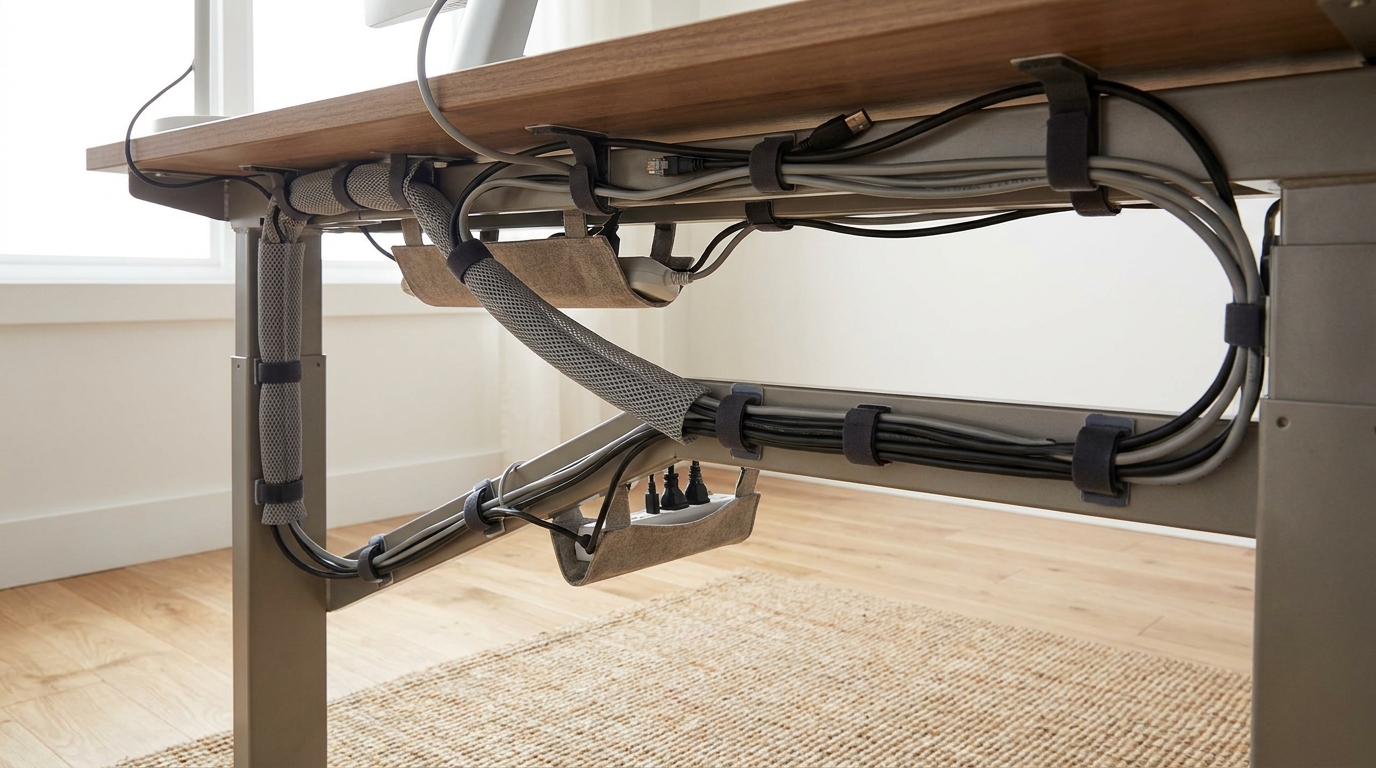 Close-up of perfectly organized cables under a desk using cable ties and channels.