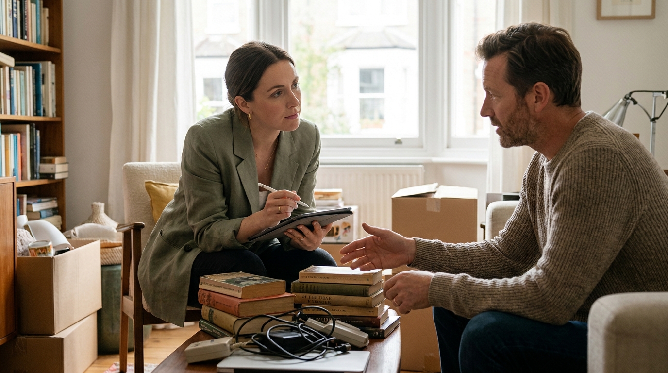 A discard consultant listening to a client in a cluttered living room, taking notes on a tablet.