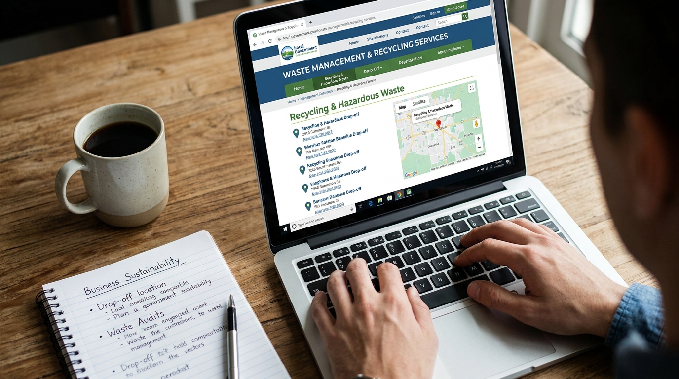 Hands typing on a laptop, researching local waste disposal options on a government website.