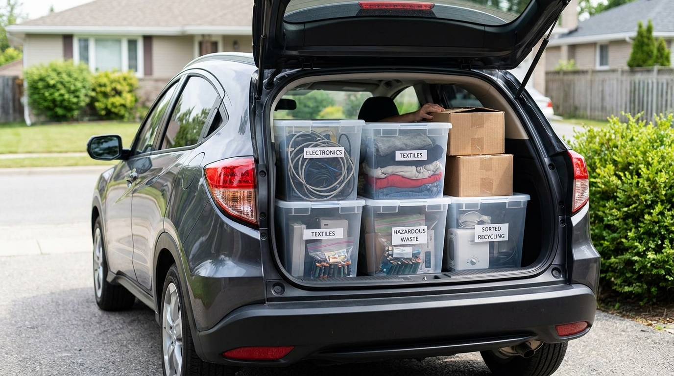 The open back of a cargo van filled with neatly sorted bins of electronics, textiles, and hazardous waste.